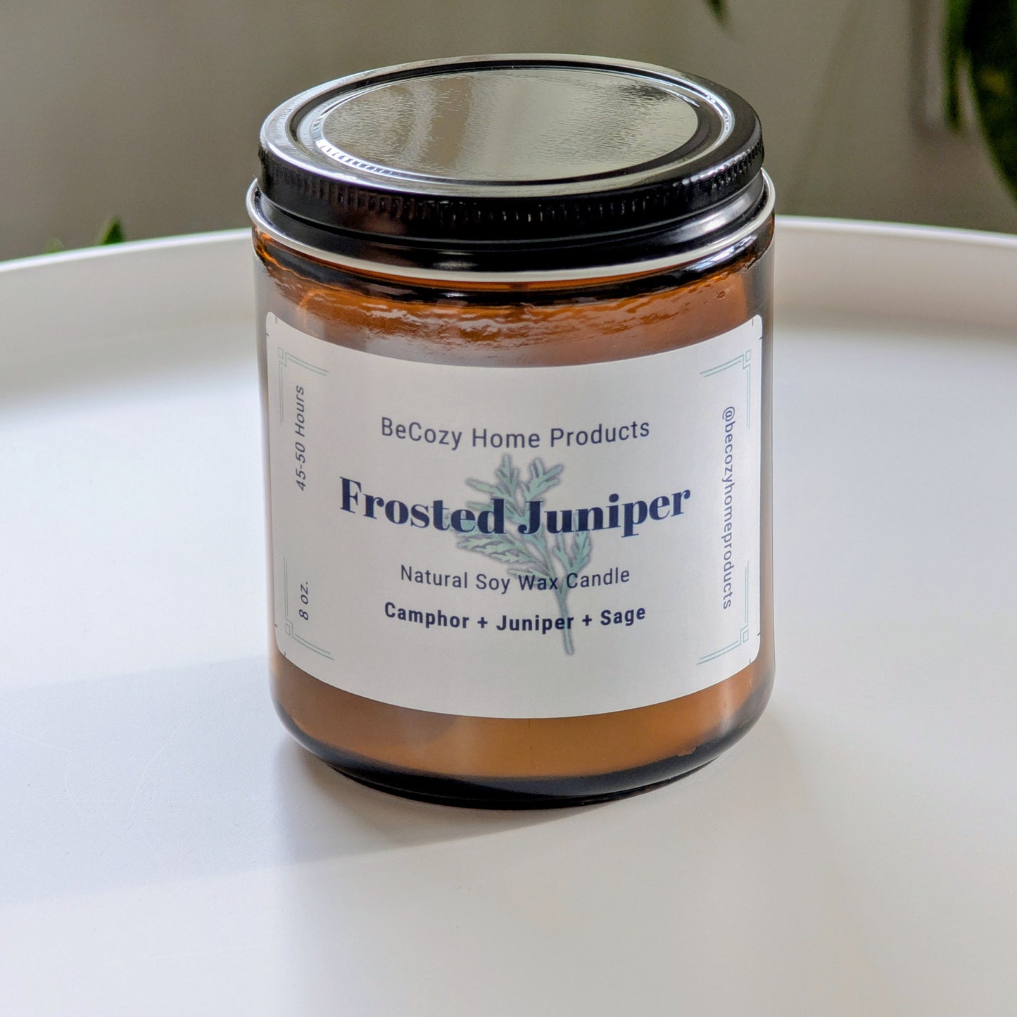Frosted Juniper Soy Wax candle in a glass jar with a black lid on a white surface.